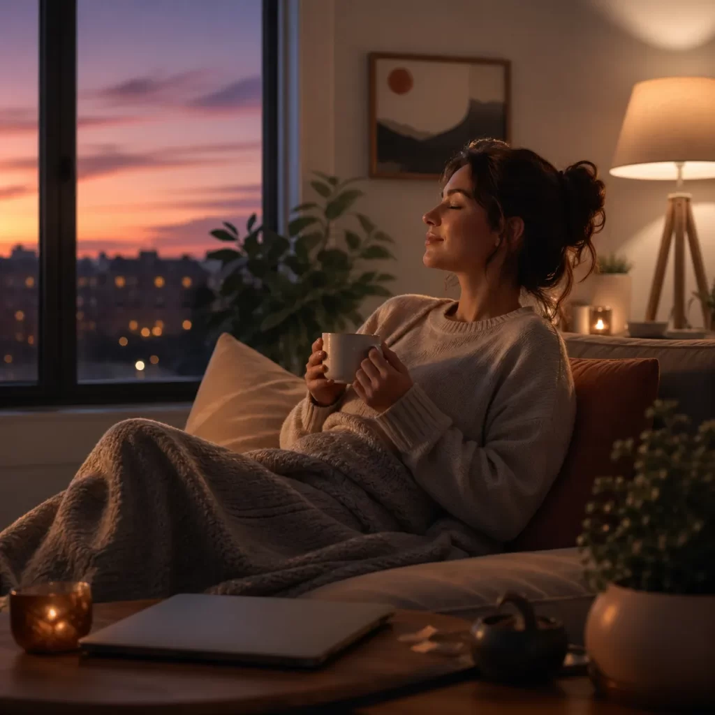 Een rustig avondmoment thuis, waarin werk plaatsmaakt voor ontspanning, warmte en innerlijke rust.
