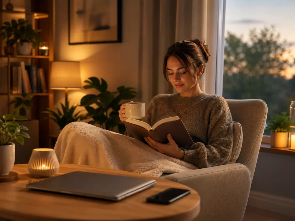 Een rustige avond zonder schermen, met een boek, thee en een ontspannen sfeer thuis.