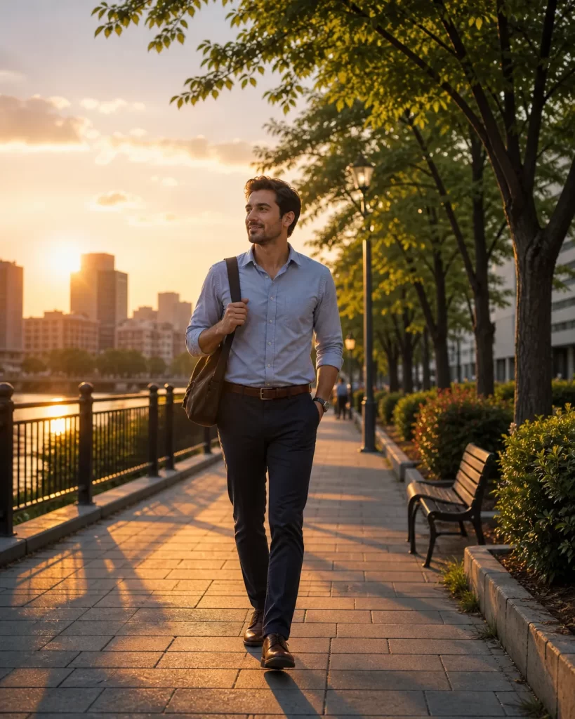 Een ontspannen wandeling langs de rivier bij zonsondergang, perfect om de werkdag rustig af te sluiten.