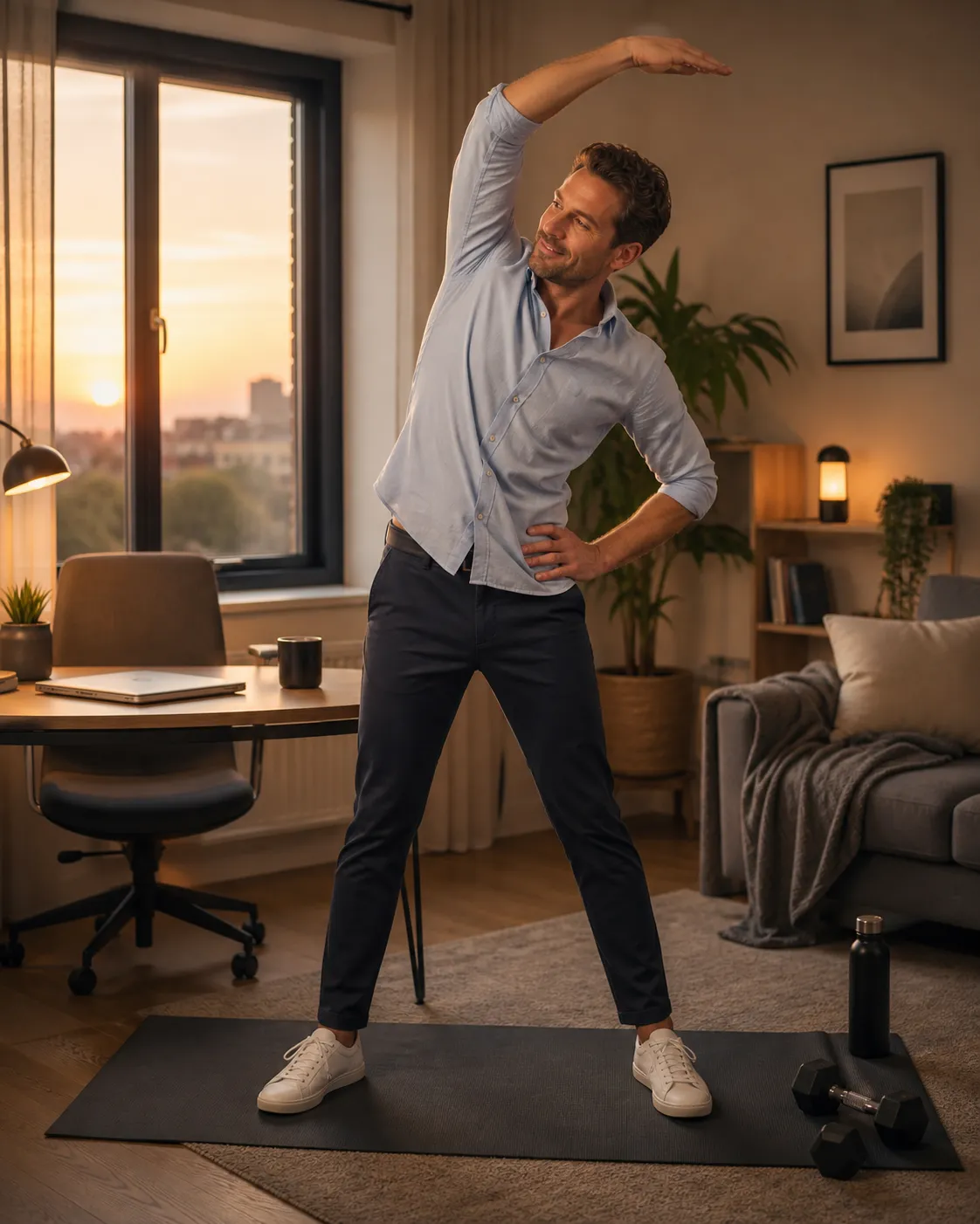 Een ontspannen stretchmoment thuis na een lange werkdag, met warme avondrust en een gezonde routine.