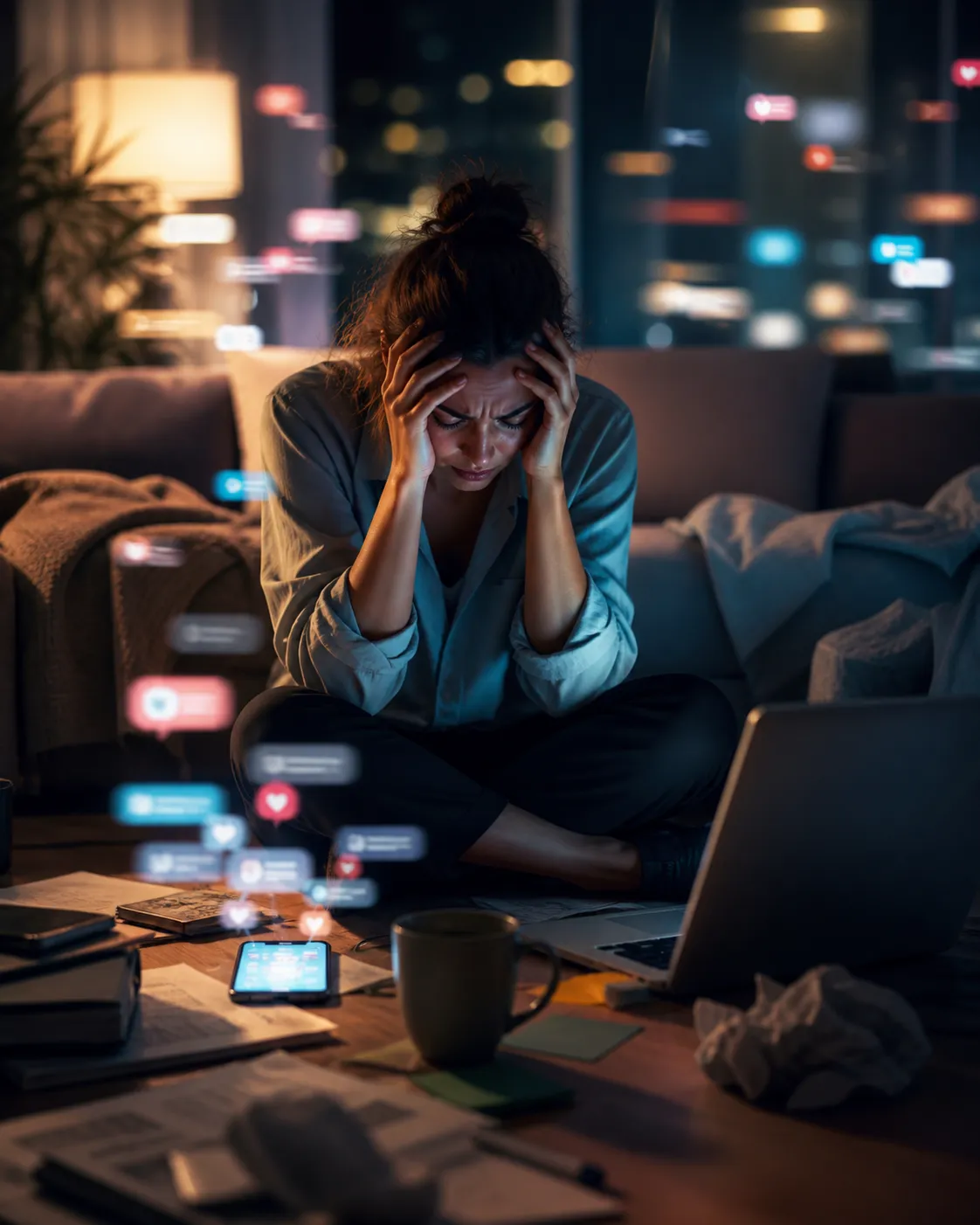 Een uitgeput persoon komt thuis na een lange werkdag en voelt zich overweldigd door prikkels, schermen en meldingen.
