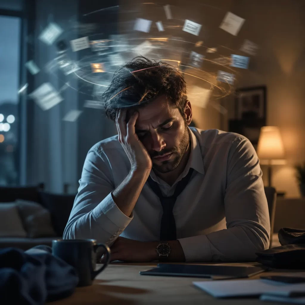 Een uitgeputte man zit thuis na een lange werkdag, omringd door chaos en gedachten in zijn hoofd.