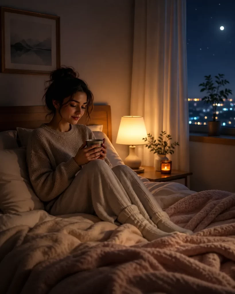 Een rustige avondroutine in een warme, gezellige slaapkamer met zacht licht en een kalme sfeer.