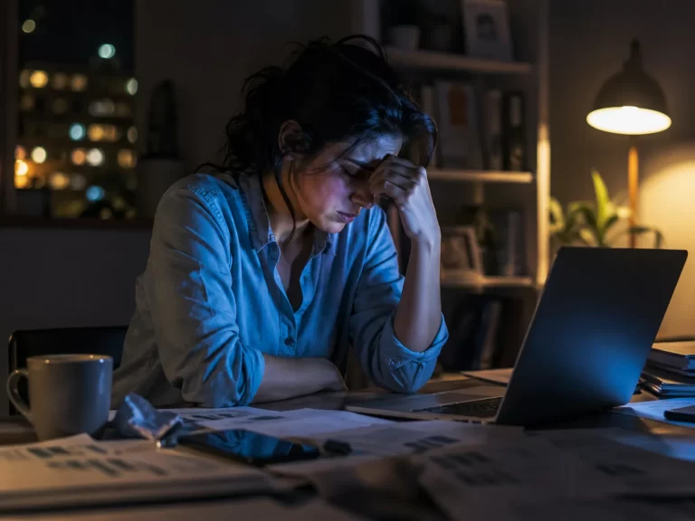 Een uitgeputte werknemer zit laat in de avond achter een laptop, omringd door papieren en spanning.