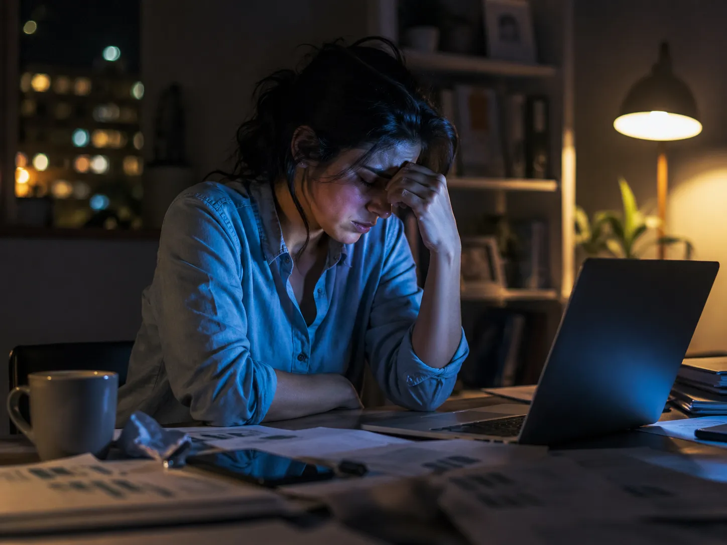 Een uitgeputte werknemer zit laat in de avond achter een laptop, omringd door papieren en spanning.