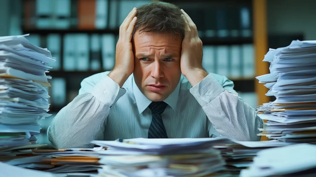 Een man voelt zich overweldigd door stapels werk en zoekt rust na een drukke dag.