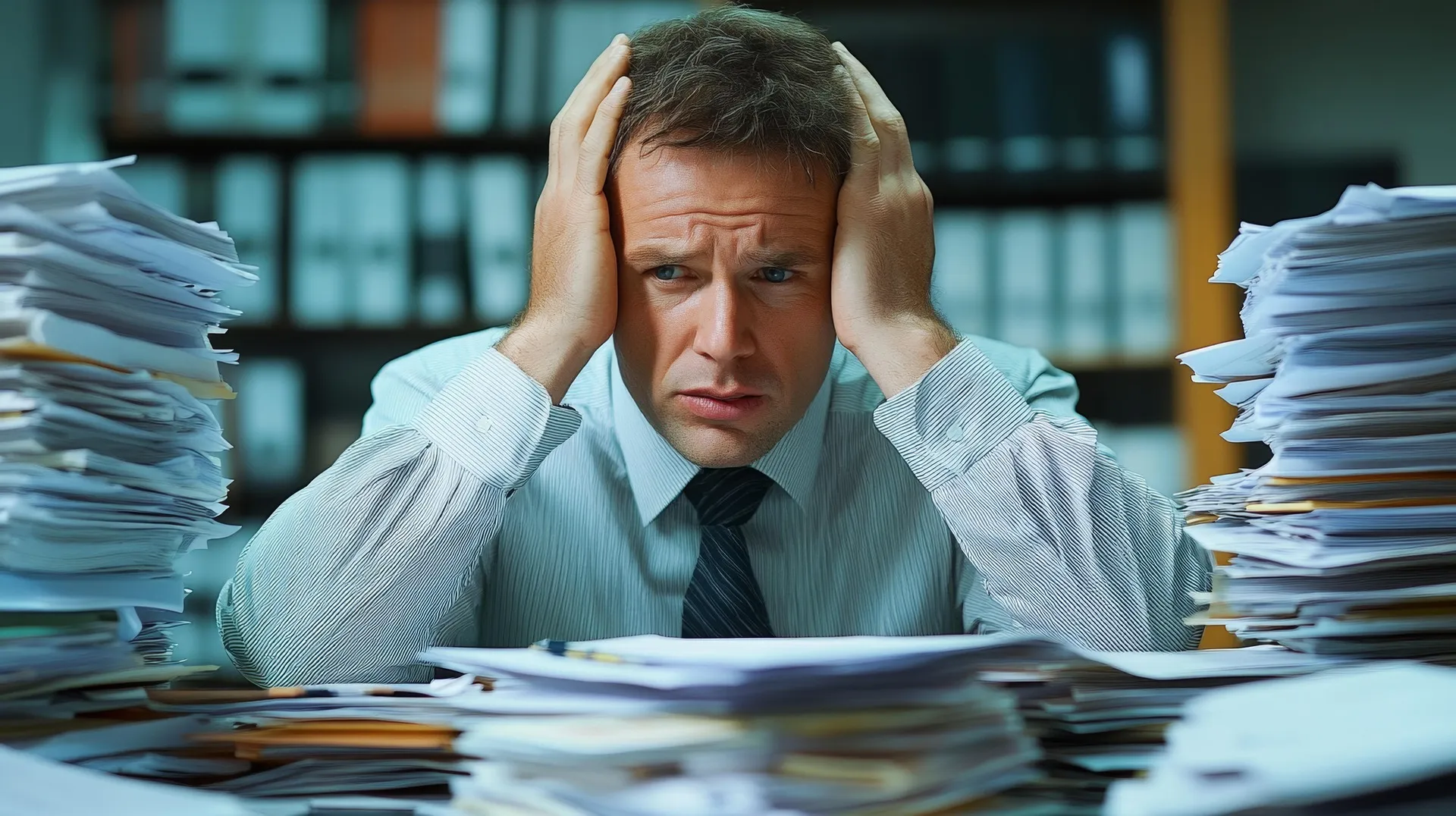 Een man voelt zich overweldigd door stapels werk en zoekt rust na een drukke dag.